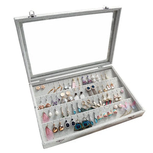 32 Pairs Clear Lid Earrings Organizer Gray Velvet Jewelry Tray Display