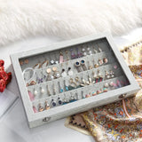 32 Pairs Clear Lid Earrings Organizer Gray Velvet Jewelry Tray Display