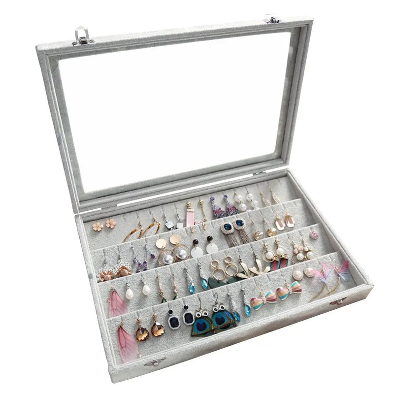 32 Pairs Clear Lid Earrings Organizer Gray Velvet Jewelry Tray Display