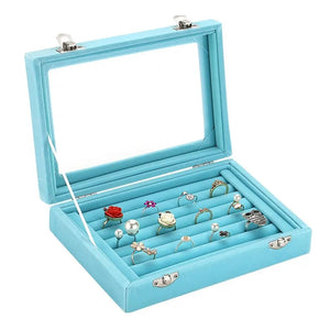 7 Slots Velvet Glass Jewelry Display Storage Box Ring Earrings Holder Case