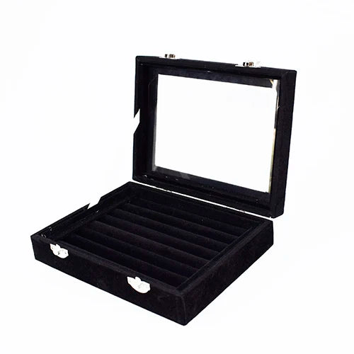 Velvet Ring Display Box Earring Organizer Jewelry Tray with Clear Glass Lid
