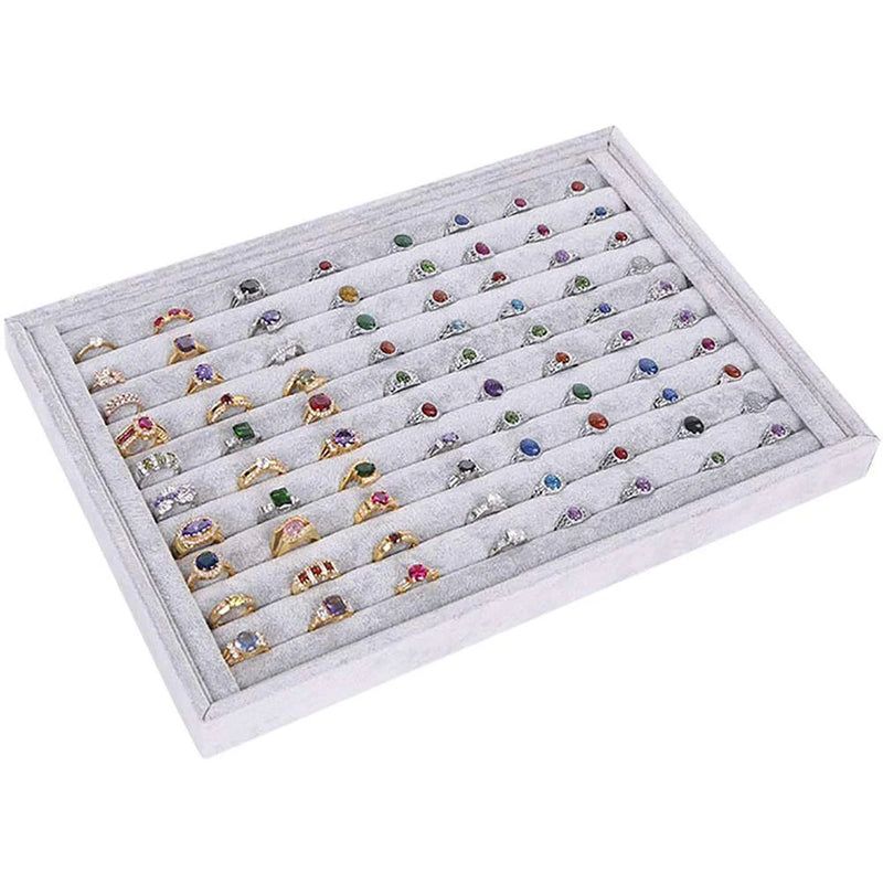 Stackable Jewelry Organizer-Grey Velvet 10 Slots Ring Holder Earrings Tray Showc