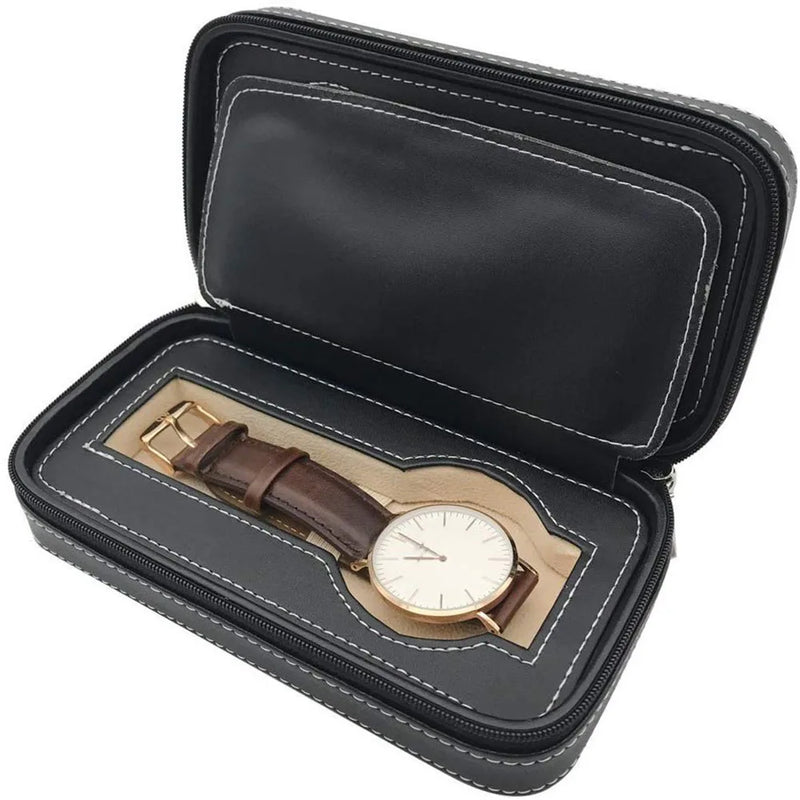 Men's Travel Watch Case 2 Grids Leatherette Organizer-Black