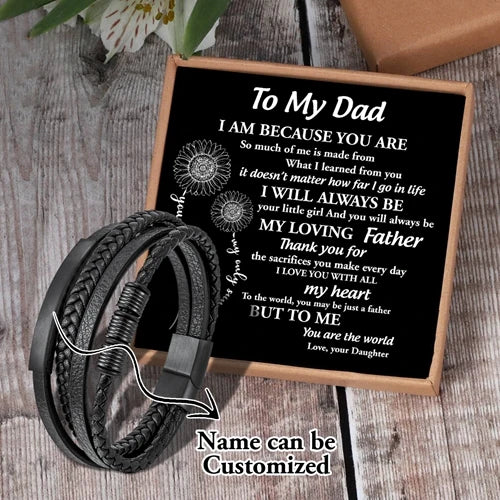 Daughter To My Dad Name Woven Bracelet Card Men's Leather Bracelet