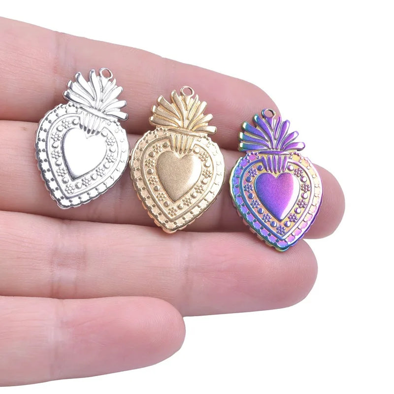 Stainless Steel Sacred Heart Milagro Charm Necklace Pendant