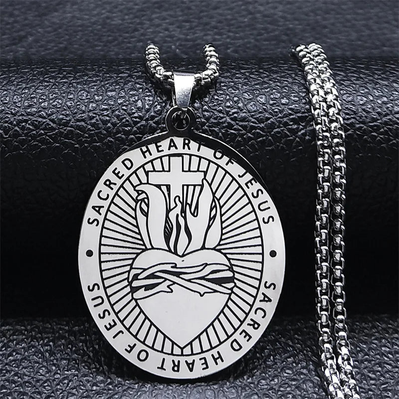 Sacred Heart of Jesus Cross Necklace Stainless Steel Christmas Gift