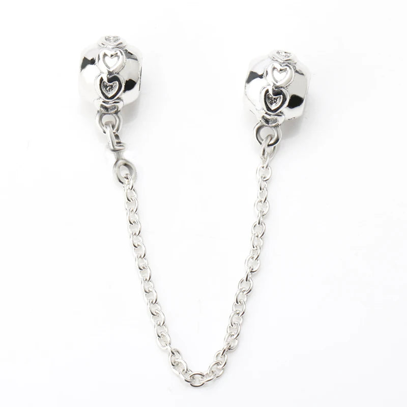 925 Silver Bead Bow Safety Chain with Hearts for Bracelet Bangle