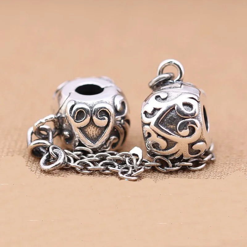 925 Silver Vintage Pattern Safety Chain Charm Beads for Bracelet DIY Jewelry