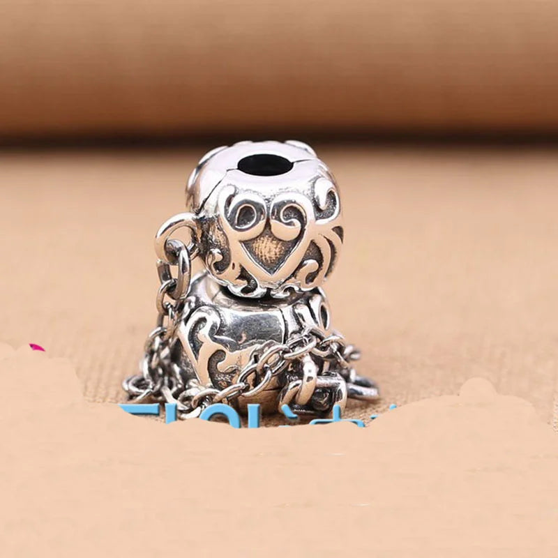 925 Silver Vintage Pattern Safety Chain Charm Beads for Bracelet DIY Jewelry
