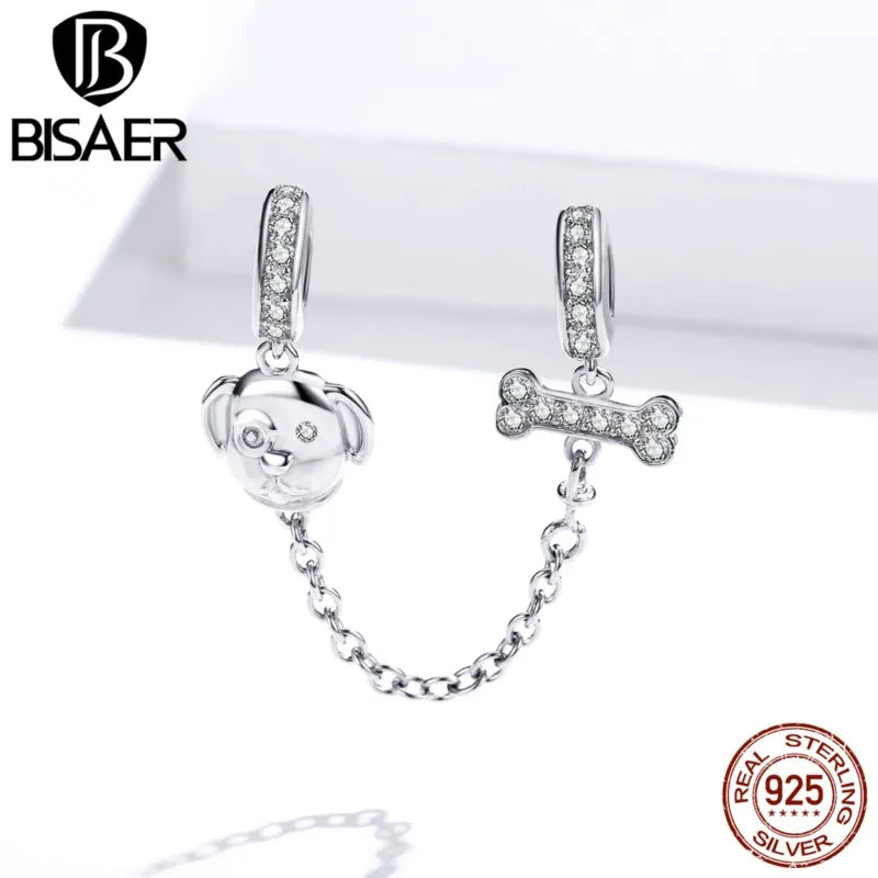 925 Sterling Silver CZ Dog Love Bone Safety Chain Bead Charms