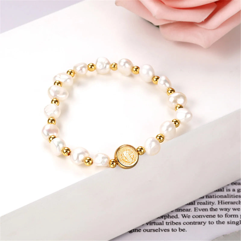 St. Benedict Rosary Pearl Bracelet for Women - Catholic Exorcism Jewelry