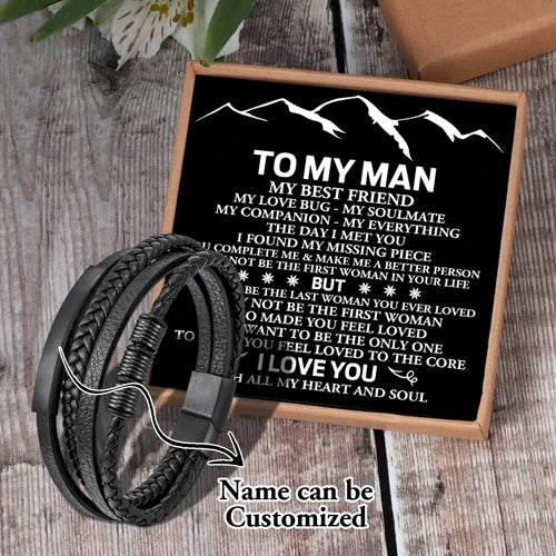 Men's Leather Bracelet Magnet Clasp Brown