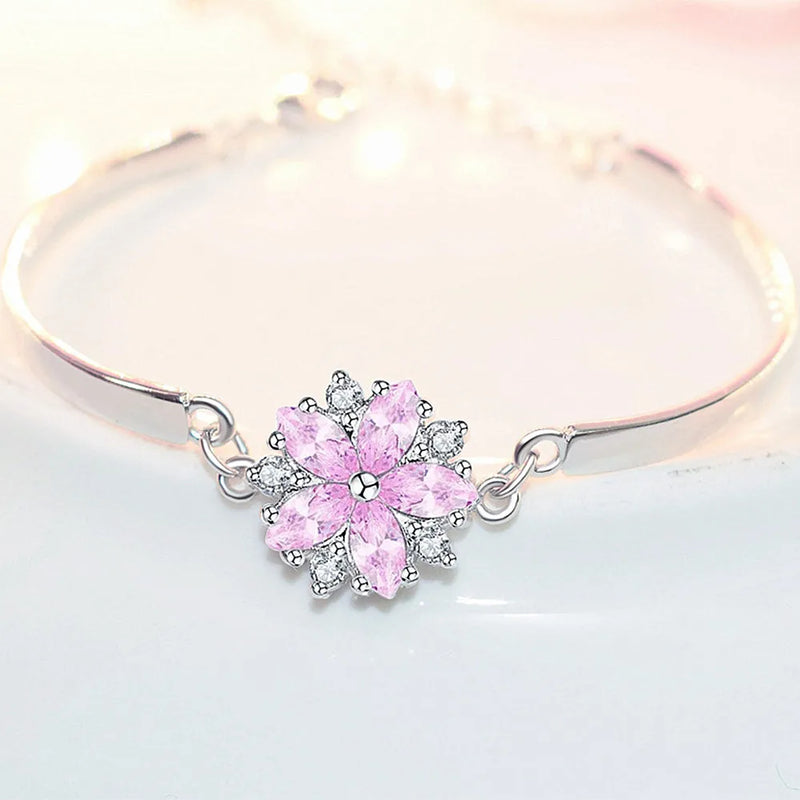 Sakura Pink Crystal Zircon Diamonds Bangle Bracelet 18k Silver