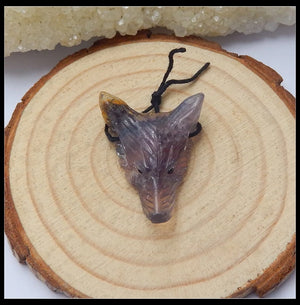 Natural Flourite Handcarved Wolf Head Necklace Pendant 28x21x8mm