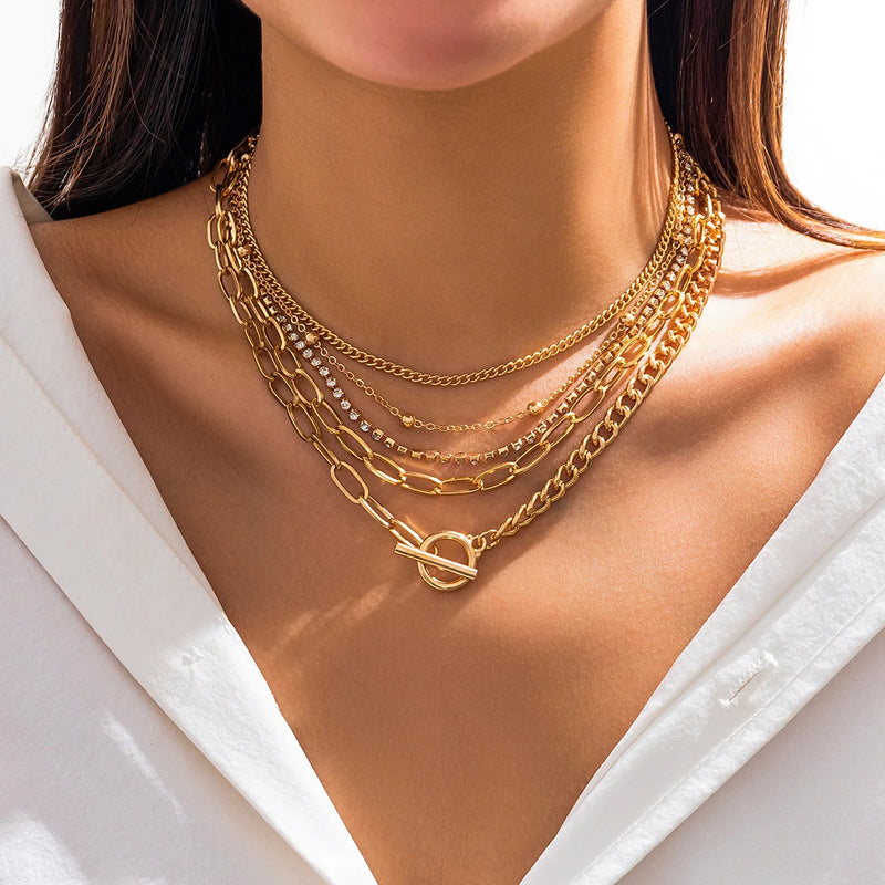 Bohemian Layered Metal Chain Rhinestone Choker Necklace