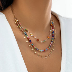 Boho Flower Chain Necklace Acrylic Bead Short Beach Jewelry