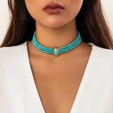 Green Pattern Bead Chain Short Necklace Pearl Choker Charm Wedding Jewelry