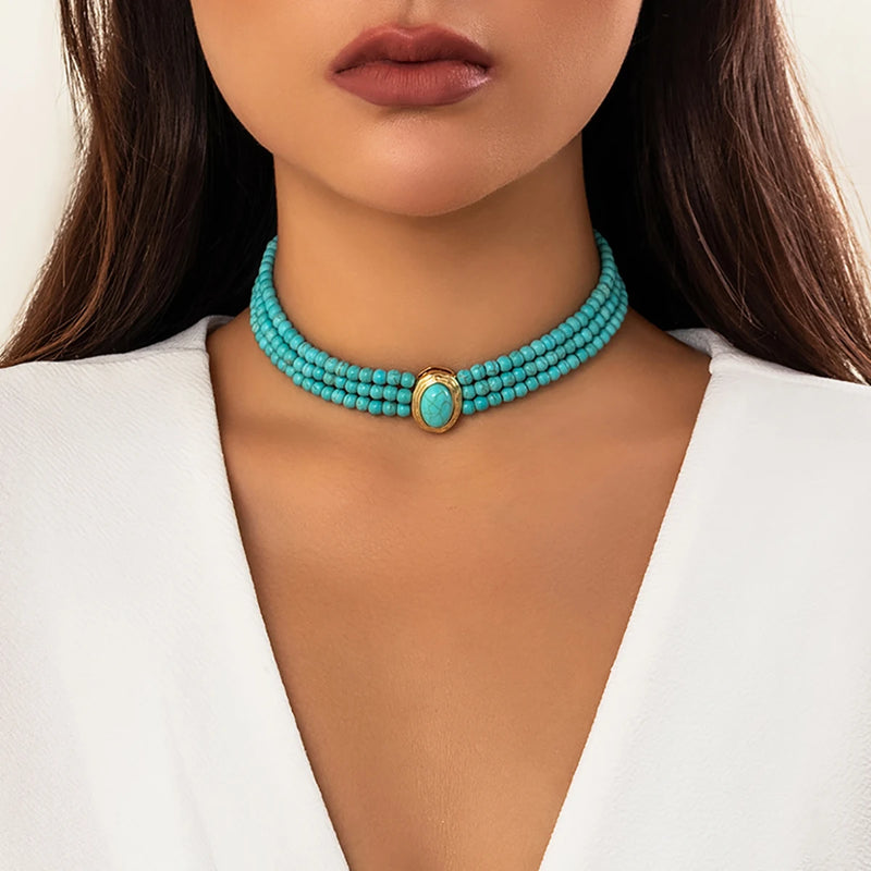 Green Pattern Bead Chain Short Necklace Pearl Choker Charm Wedding Jewelry