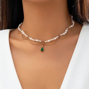 Crystal Droplet Pendant Necklace Metal Mesh Chain Tassel Clavicle Necklace