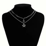 Metal Star Chain Necklace Punk Statement Star Pendant Double Clavicle Necklace