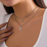 Metal Star Chain Necklace Punk Statement Star Pendant Double Clavicle Necklace