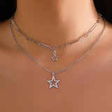 Metal Star Chain Necklace Punk Statement Star Pendant Double Clavicle Necklace