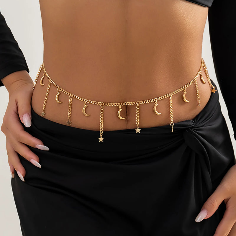 Metal Star Moon Tassel Pendant Waist Chain Vintage Sexy Bikini Beach Belly Body