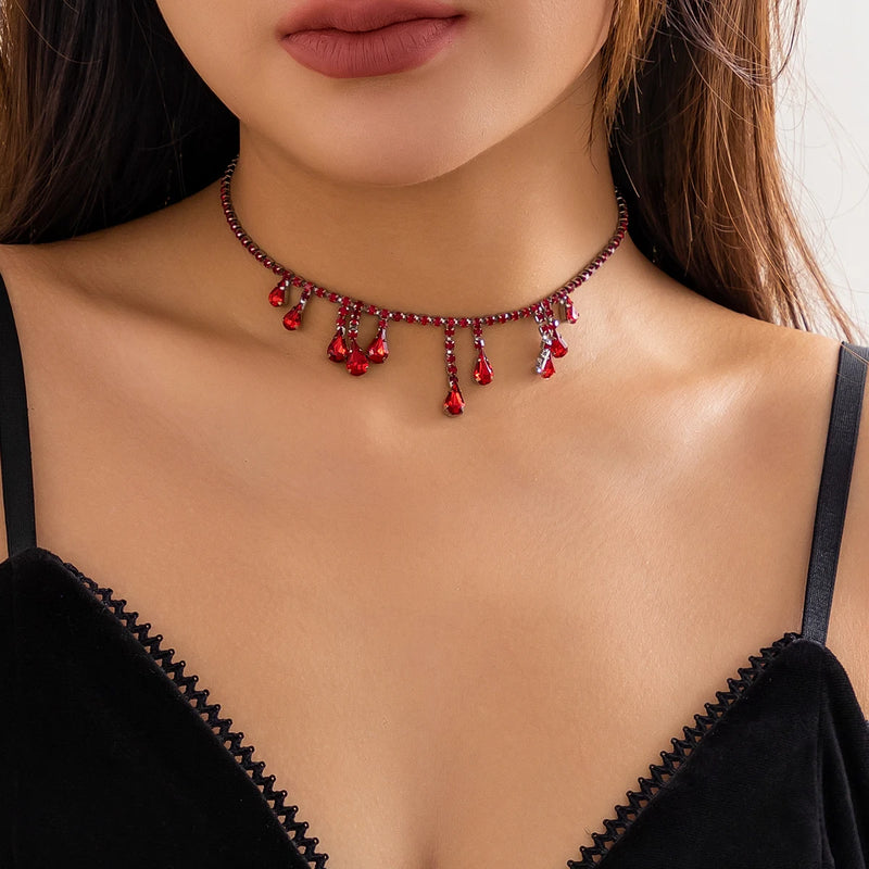 Water Droplet Pendant Clavicle Necklace Red Rhinestone Chain Women Jewelry