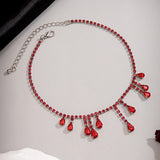 Water Droplet Pendant Clavicle Necklace Red Rhinestone Chain Women Jewelry