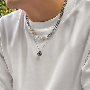 Baroque Pearl Necklace Punk Thin Box Chain Men's Jewelry