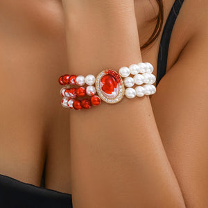 Gothic Blood Pattern Pearl Chain Bracelet Rhinestone Layered Bracelet