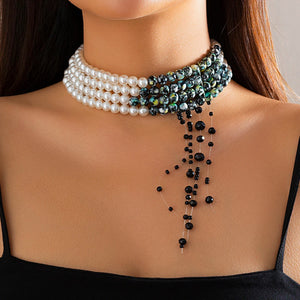 Gothic Green Pattern Pearl Necklace Beaded Choker Punk Halloween Jewelry