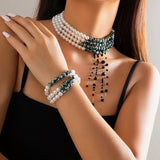 Gothic Green Pattern Pearl Necklace Beaded Choker Punk Halloween Jewelry
