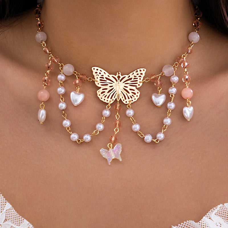 Gothic Metal Butterfly Pendant Necklace Romantic Baroque Heart Tassel Chain