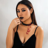 Gothic Crystal Bead Choker Necklace Red Tassel Pendant