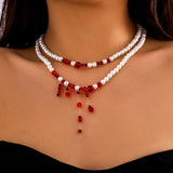 Halloween Red Crystal Beads Double Layer Short Necklace Gothic Pearl Choker