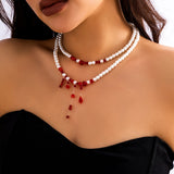 Halloween Red Crystal Beads Double Layer Short Necklace Gothic Pearl Choker