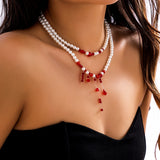 Halloween Red Crystal Beads Double Layer Short Necklace Gothic Pearl Choker