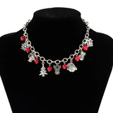 Metal Snowman Deer Pendant Necklace Red Glass Beads Choker