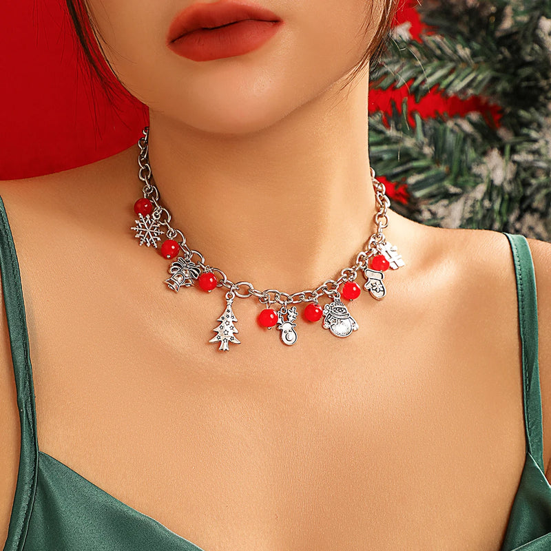 Metal Snowman Deer Pendant Necklace Red Glass Beads Choker