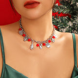 Metal Snowman Deer Pendant Necklace Red Glass Beads Choker