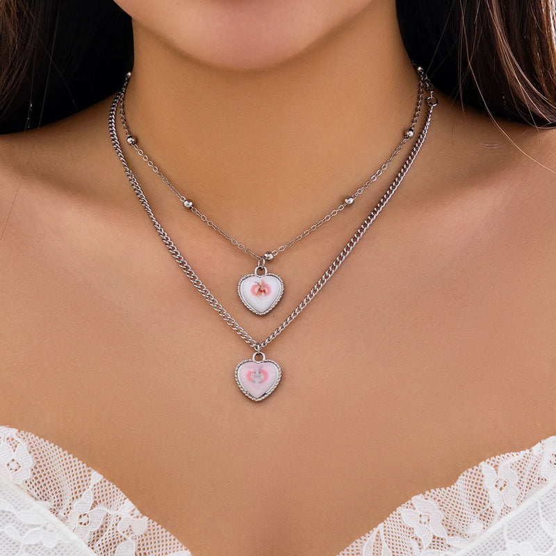 Rabbit Pattern Necklace Acrylic Heart Pendant Double Layer Jewelry