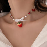 Red Strawberry Pendant Collar Necklace Gothic Y2K Heart Shaped Pearl Chain