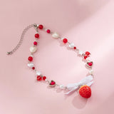 Red Strawberry Pendant Collar Necklace Gothic Y2K Heart Shaped Pearl Chain