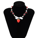 Red Strawberry Pendant Collar Necklace Gothic Y2K Heart Shaped Pearl Chain