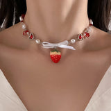 Red Strawberry Pendant Collar Necklace Gothic Y2K Heart Shaped Pearl Chain