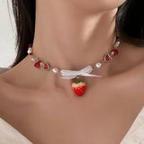Red Strawberry Pendant Collar Necklace Gothic Y2K Heart Shaped Pearl Chain