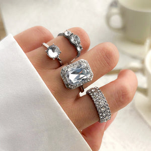 4Pcs Large Crystal Square Rhinestone Rings for Women Wedding Party