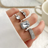 4Pcs Large Crystal Square Rhinestone Rings for Women Wedding Party