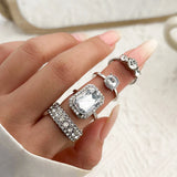 4Pcs Large Crystal Square Rhinestone Rings for Women Wedding Party